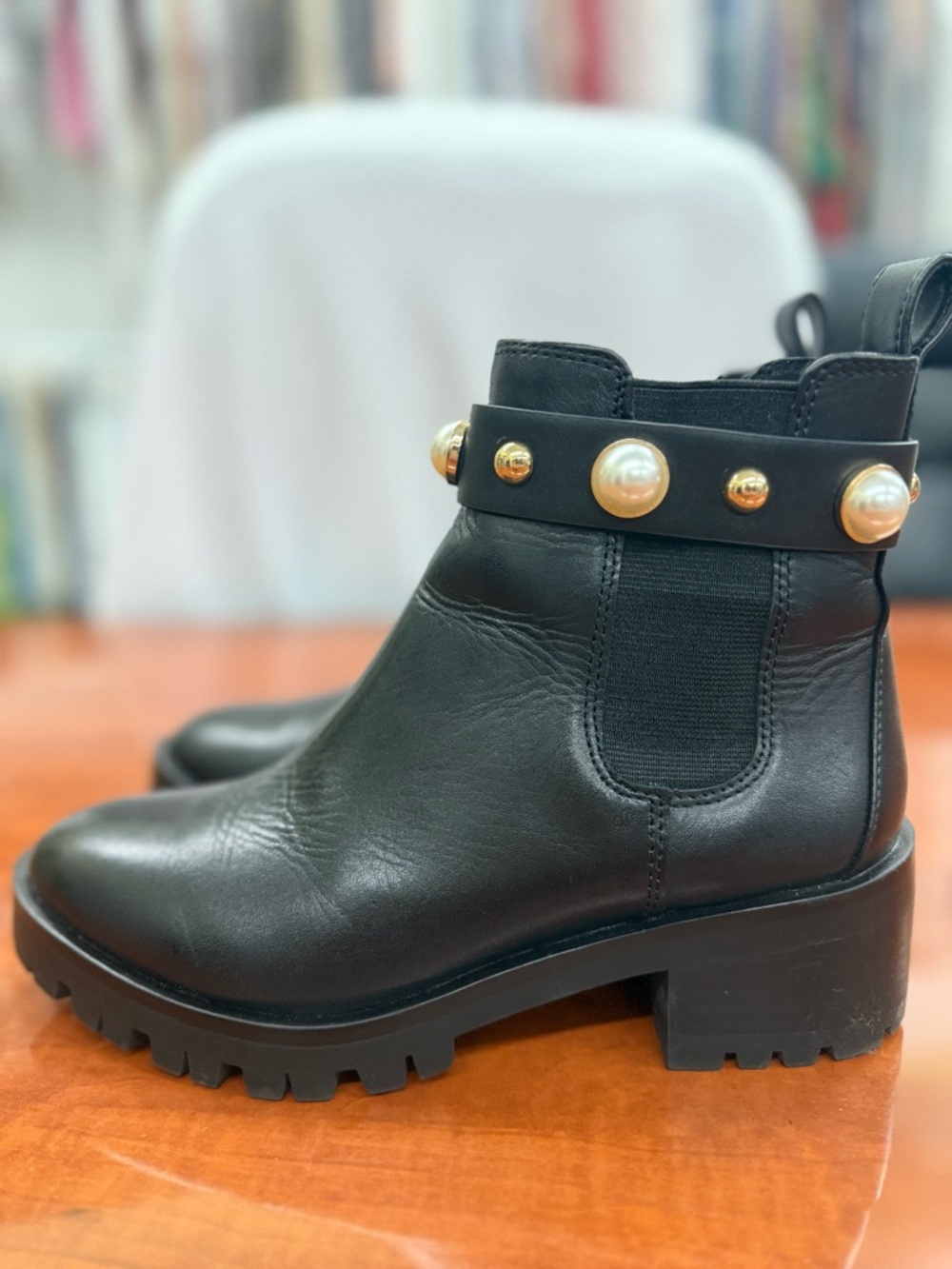 Karl Lagerfeld Black Leather Pearl-Stud Ankle Booties
